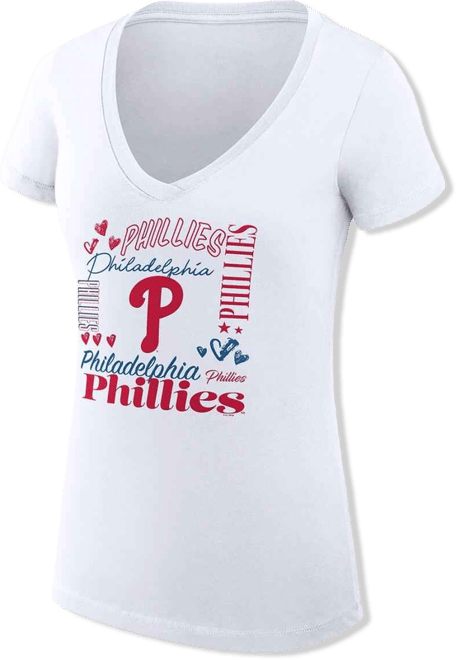 Women's White Philadelphia Phillies Super-Slim Fit Lightweight Collage Team Graphic V-Neck T-Shirt
