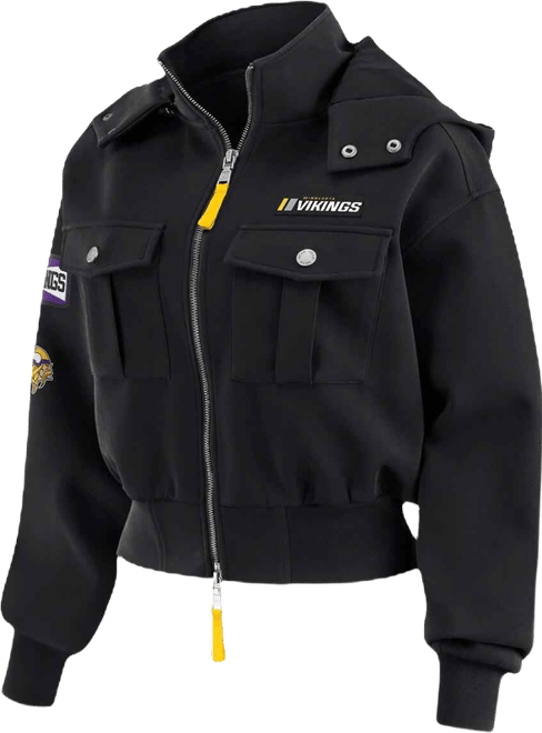 Women's Black Minnesota Vikings Patch Pocket Cropped Full-Zip Bomber Jacket