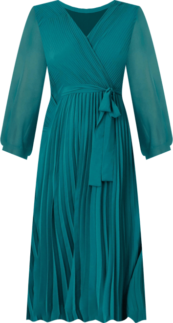 Women's Long Sleeved Pleated Midi Wrap Dress