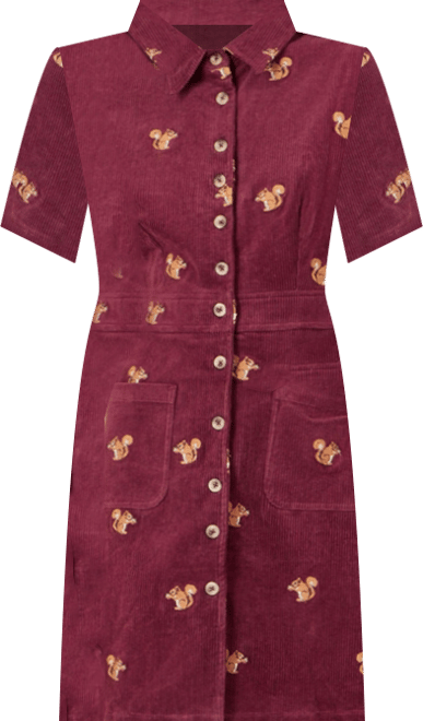 Women's Squirrel Embroidered Cord Dress