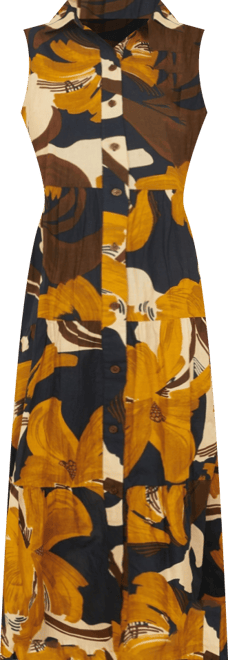 Women's Cotton Leaf Midi Sleeveless Shirt Dress