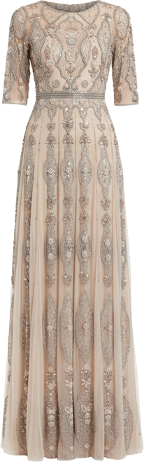 Women's Beige 3/4 Sleeve Embellished A-line Gown