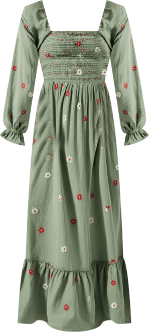Women's Floral-Embroidered Smocked Tiered Maxi Dress