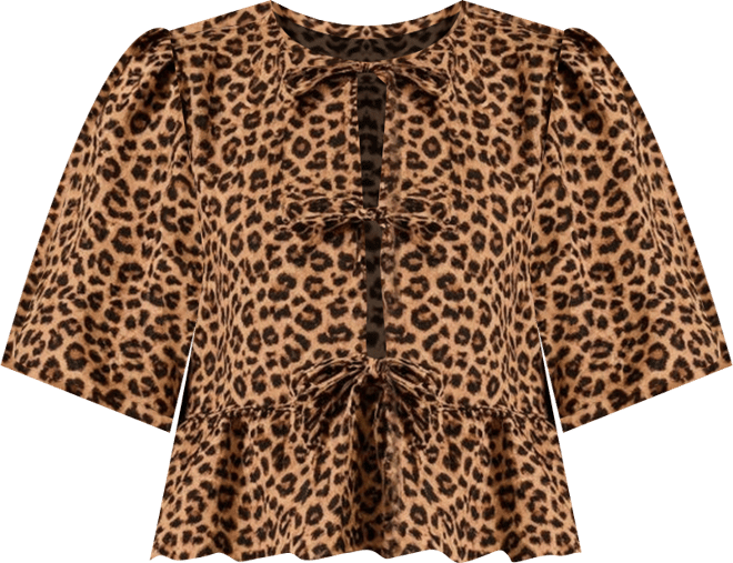 Women's Leopard-Print Front-Tie Puff-Sleeve Peplum Top