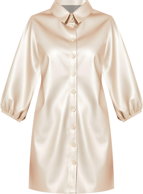 Women's Satin Button-Front Collared Puff-Sleeve Shirt Dress