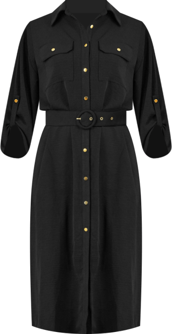 Women's 3/4 Sleeve Belted Midi Shirt Dress