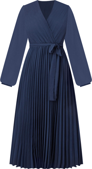 Women's Long Sleeved Pleated Midi Wrap Dress