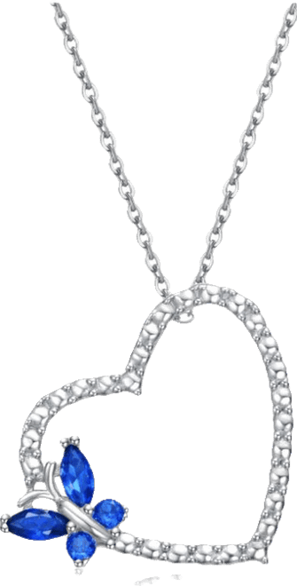 Sterling Silver with Butterfly Cubic Zirconia on Heart Shaped Pendant Necklace