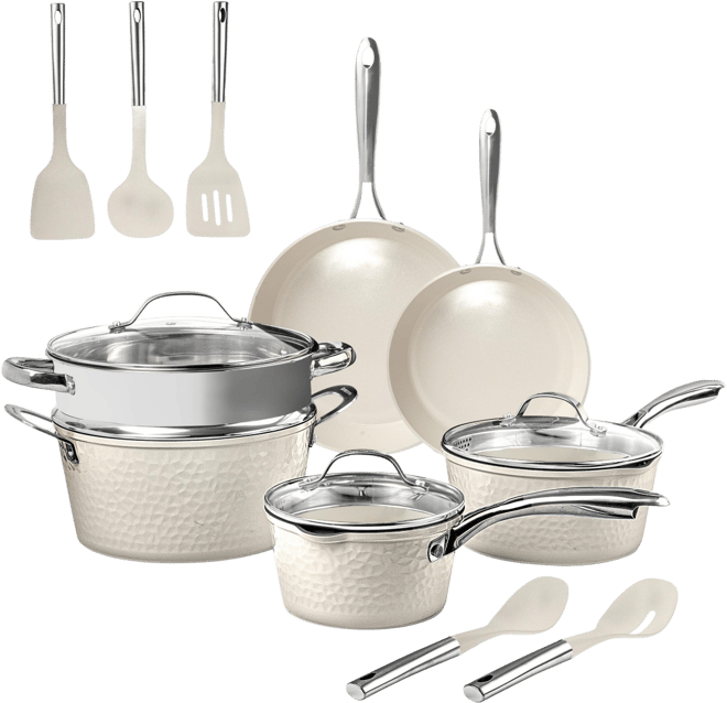 Hammered Cream 15-Piece Ceramic Nonstick Cookware set with Utensils
