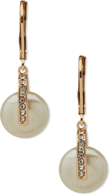 Imitation Pearl and Crystal Stone Gold-Tone Lentil Drop Earrings