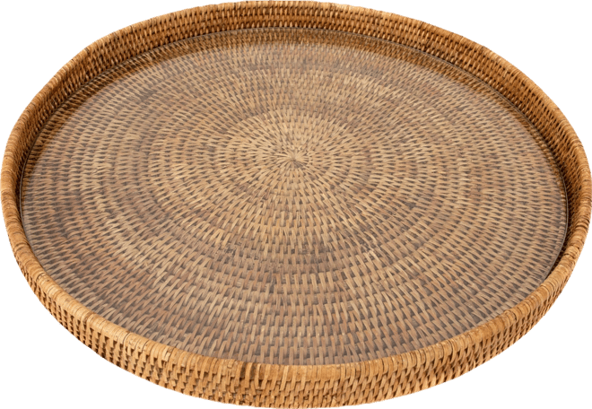 Artifacts Rattan Round Serving-Ottoman Tray with Glass Insert