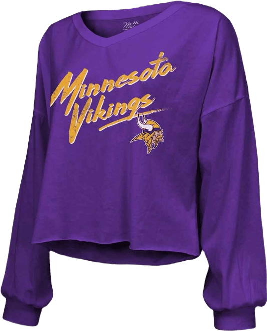 Women's J.j. McCarthy Purple Minnesota Vikings Name Number Off-Shoulder Script Cropped Long Sleeve V-Neck T-Shirt