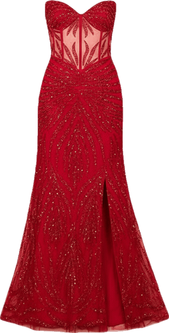 Women's Beaded Corset Prom Dress with Slit
