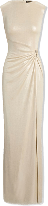Ralph Lauren Women's Buckle-Trim Metallic Gown - Champagne/Silver - 4