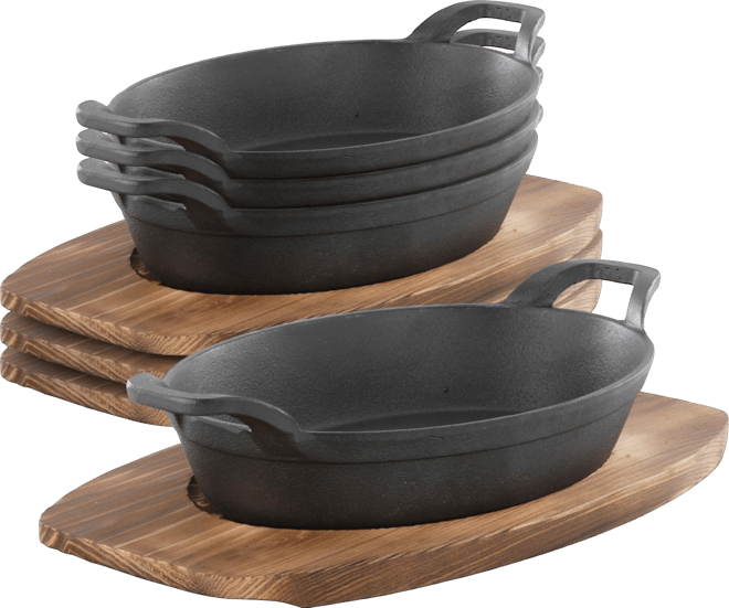 4 Piece Mini Cast Iron Oval Pan with Wood Tray Set