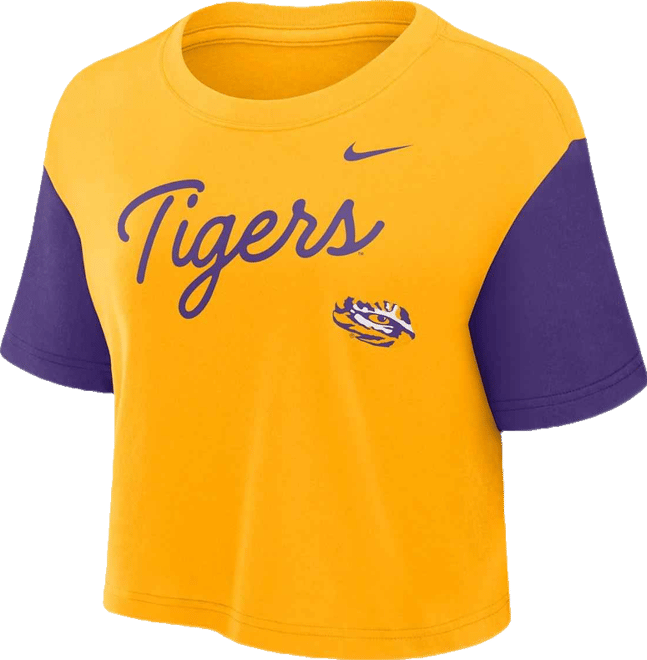 Women's Gold/Purple Lsu Tigers Color-Block Script Performance Cropped T-Shirt