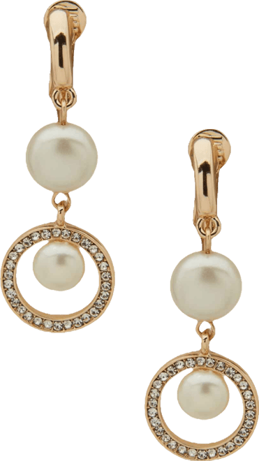 Imitation Pearl and Crystal Stone Gold-Tone Comfort Clip Linear Earrings