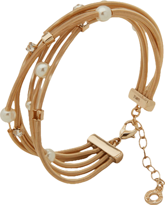 Acrylic Imitation Pearl Gold-Tone and Crystal Glass Stationed Cuff Bracelet