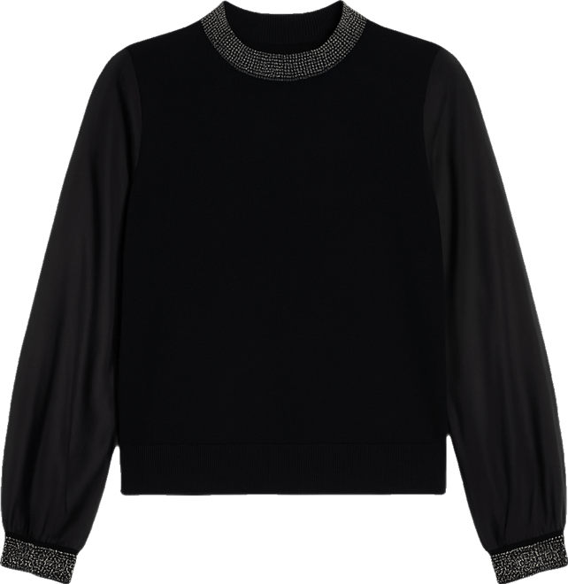 Plus Size Black Label Rhinestone-Neckline Chiffon-Sleeve Sweater