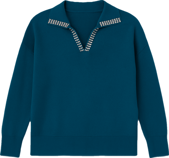 Plus Size Rhinestone-Trimmed Split-Neck Sweater