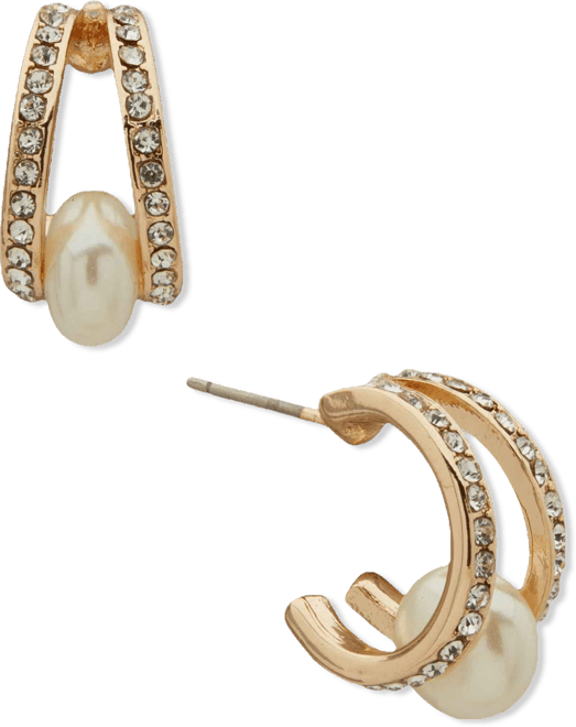 Imitation Pearl and Crystal Stone Gold-Tone 2-Row Pave Hoop Earrings
