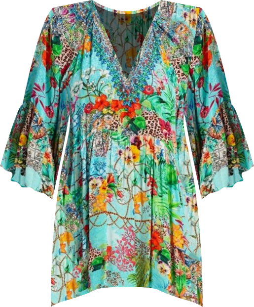 Women's Multicolor Mini Dress with Side Asymmetrical Hem and Beaded Neckline