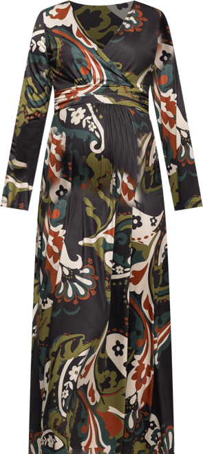 Women's Maternity Green Paisley Print Long Sleeve Wrap Maxi Dress
