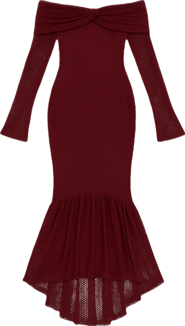 Women Kaedyn Burgundy Off Shoulder Long Sleeve Crochet Mermaid Maxi Dress
