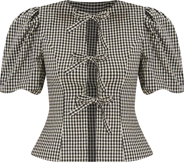 Women's Qusayla Black Gingham Bubble Sleeve Bowtie Top
