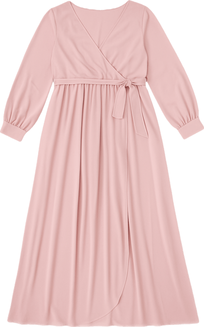 Plus Size Light Pink Chiffon Long Sleeve Pleated Maxi Dress