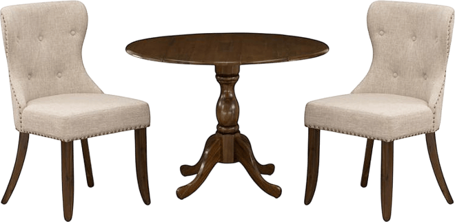 3 Piece Dining Table Set Includes 1 Drop Leaves Wooden Table and 2 Light Tan Linen Fabric Dinning Chairs Button Tufted Back white