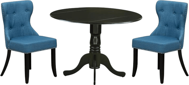 Dining room table set of two amazing indoor dining chairs with Linen Fabric Mineral Blue color and a fantastic wood pedestal kitch