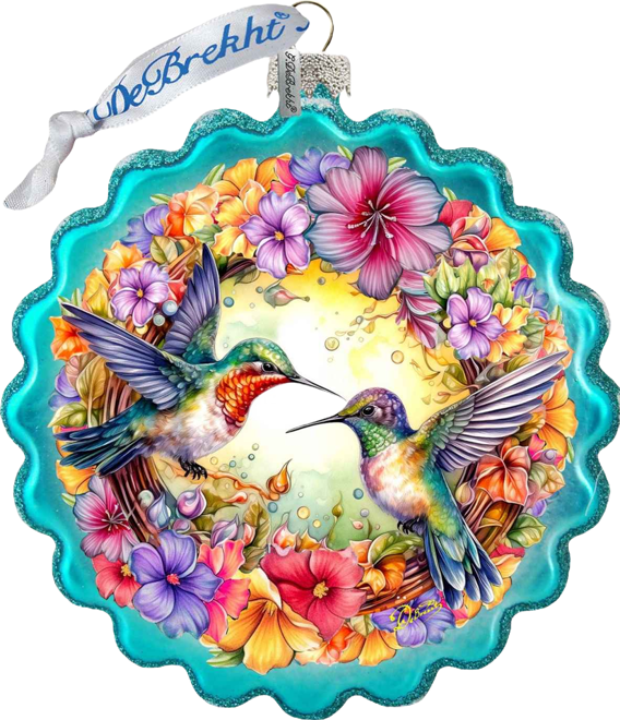 Hummingbirds Wreath Glass Christmas Ornament