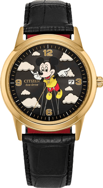 Disney | Macy's Unisex Mickey Mouse Parade Balloon Black Leather Strap Watch 40mm, Created for Macy's