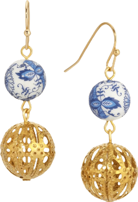 Gold Tone Blue Willow Bead Drop Earrings