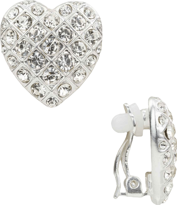 Glass Stone Worn Silver-Tone Heart Button Clip Earrings