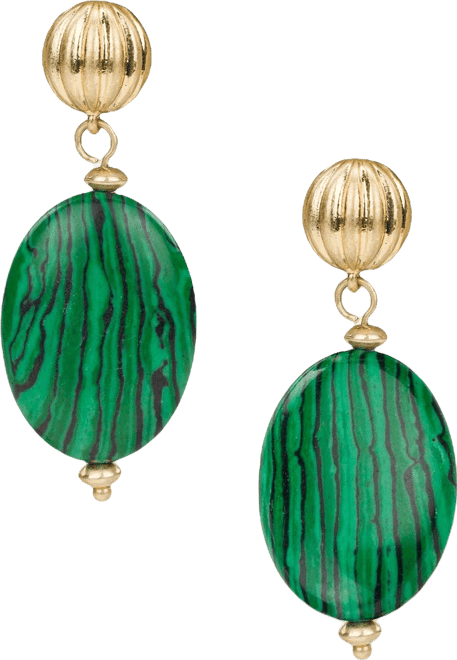 Oval Bead Green and Worn Gold-Tone Post Drop Earrings