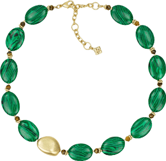 Oval Bead Green and Worn Gold-Tone Necklace