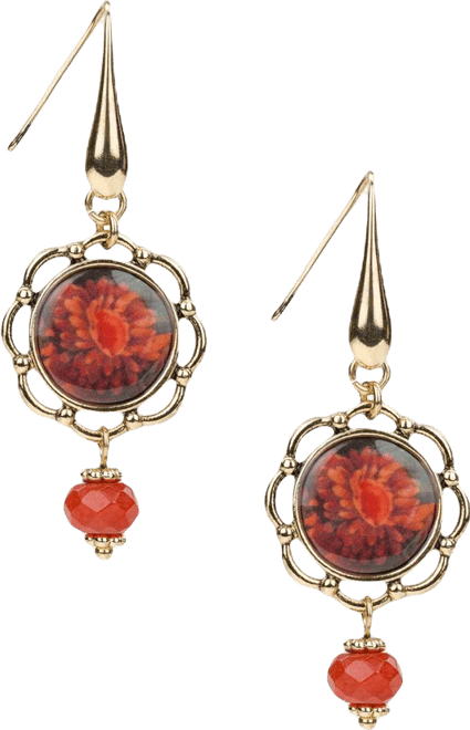 European Floral Tapestry Antique-Like Gold-Tone Wire Drop Earrings