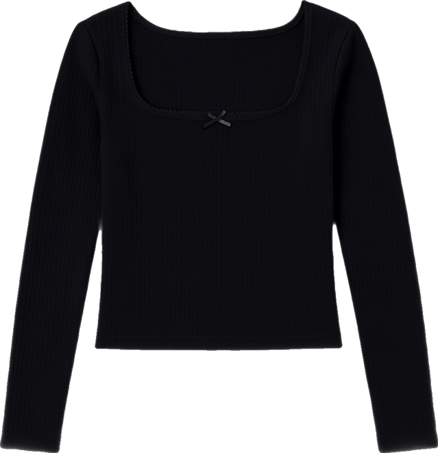 Juniors' Square-Neck Ribbed Long-Sleeve Picot Bow Top