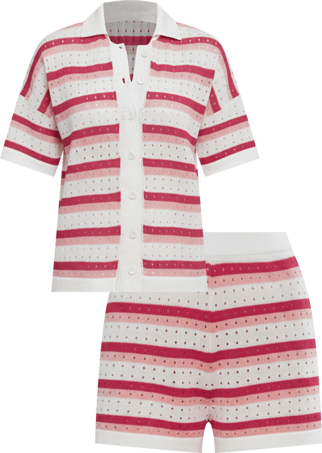 Women's Striped Knit Button Down Matching Set