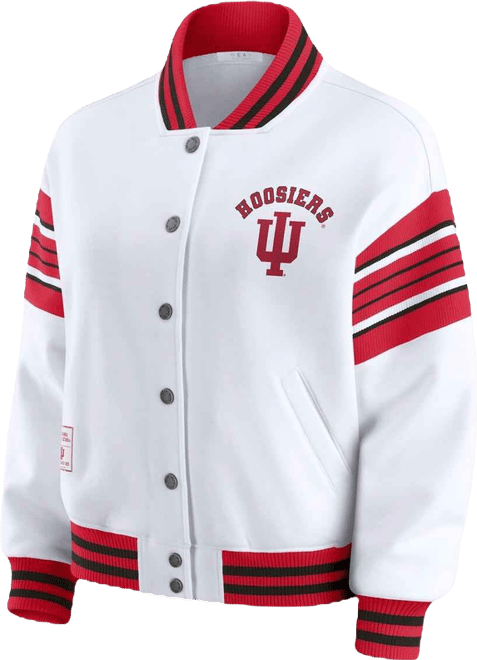 Women's White/Crimson Indiana Hoosiers Satin Stitch Full-Snap Fleece Sweatshirt Jacket
