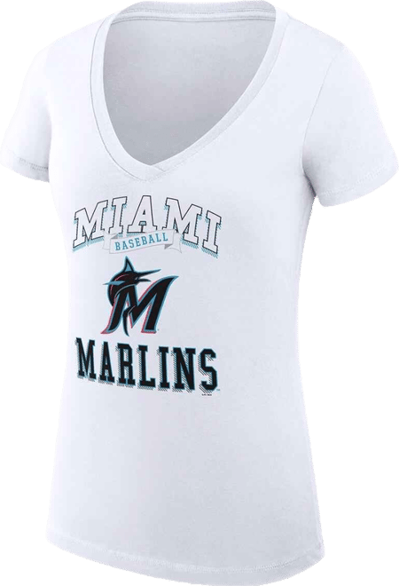 Women's White Miami Marlins Super-Slim Fit Lightweight Team Logo Graphic V-Neck T-Shirt