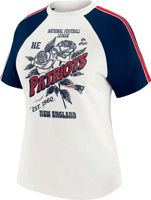 Women's White New England Patriots Sleeve Stripe Distressed Raglan T-Shirt