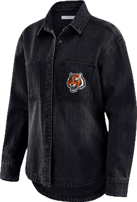 Women's Black Cincinnati Bengals Washed Oversized Denim Full-Snap Shacket