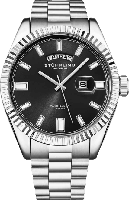 Statesman 4070 Men s Watch – Stainless Steel Bracelet, Black Dial, Day-Date Quartz, 42mm Fluted Bezel