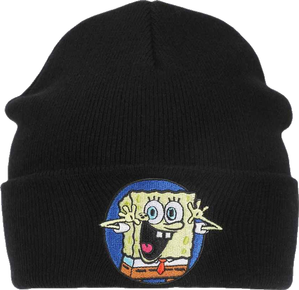 Men's Spongebob Square Pants Embroidered Circle Character Patch On Black Cuff Beanie
