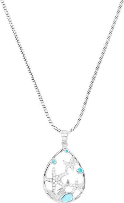 Larimar & Cubic Zirconia Starfish Adjustable 22" Pendant Necklace in Sterling Silver