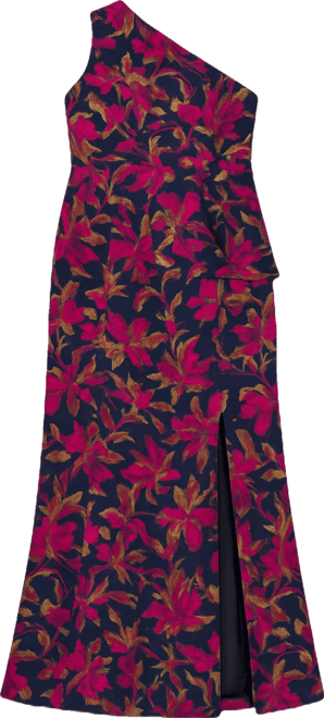 Plus Size Metallic Jacquard One-Shoulder Long Dress