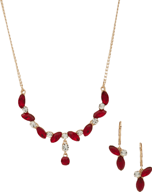2-Pc. Siam Navette Stone Cluster Necklace and Earrings Set